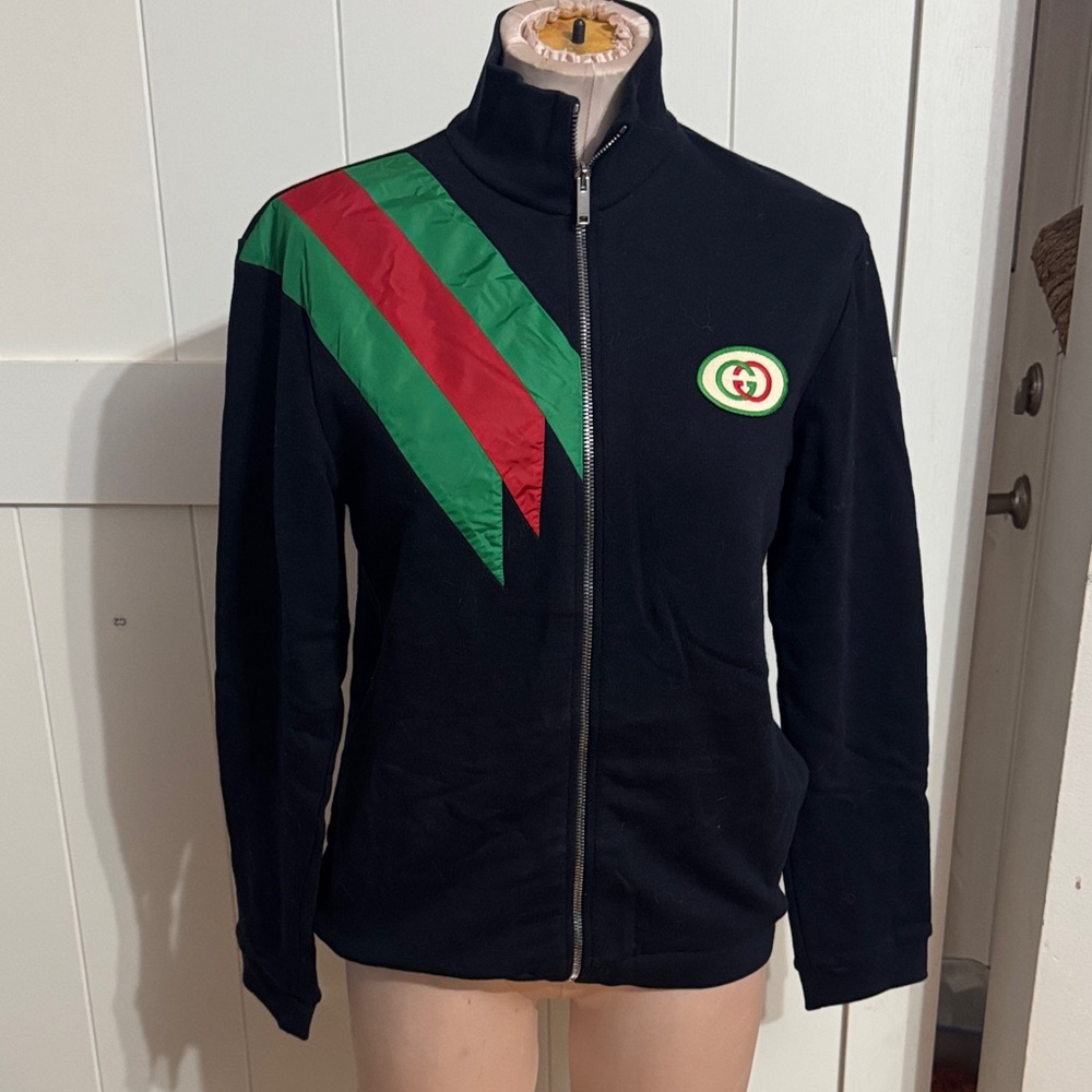 Gucci Black Bomber Jacket with Green and Red Stripes